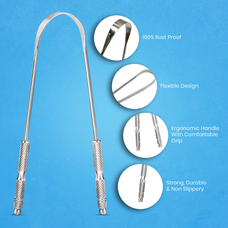 [Australia] - Tongue Scraper for Adults by HOKIN (2Pcs Oral Care Pack) Stainless Steel Tongue Cleaners Reduce Bad Breath 100% Metal Tough Scrapers Men and Women Hygiene Product 2 Count (Pack of 1) U Shaped Silver 