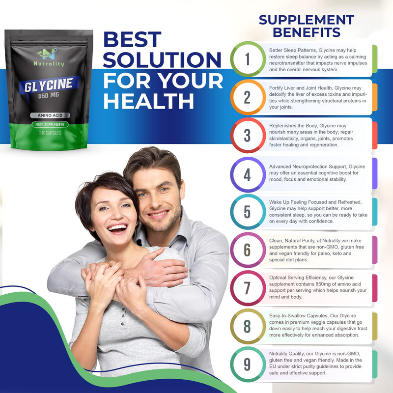 [Australia] - Nutrality Glycine Supplement, 850 mg per Serving, Amino Acid Neurotransmitter and Nervous System Support, Sleeping Aid, and Liver Detoxification, 240 Capsules 