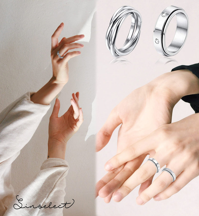 [Australia] - Sinselect 6Pcs Spinner Rings for Women Stainless Steel Fidget Band Rings Flower Moon Star Cool Rings Stress Relieving Wedding Promise Rings Set 6 