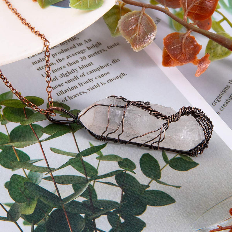 [Australia] - Bivei Tree of Life Copper Wire Wrapped Natural Quartz Necklace Reiki Healing Crystal Point Chakra Pendant Jewelry Gift for Women #4 Bronze Natural Clear 