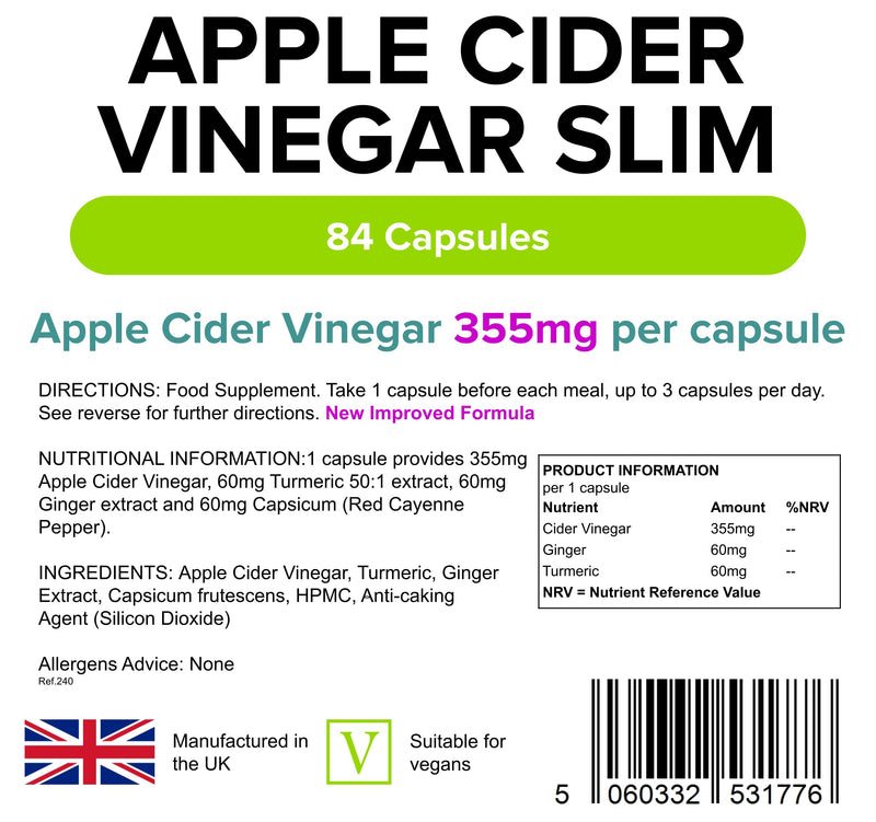 [Australia] - Lindens Apple Cider Vinegar Slim Capsules - 84 Pack - Contributes to Healthy Metabolism, Healthy Thyroid Function, Reduction of Tiredness & Fatigue - UK Manufacturer, Letterbox Friendly 