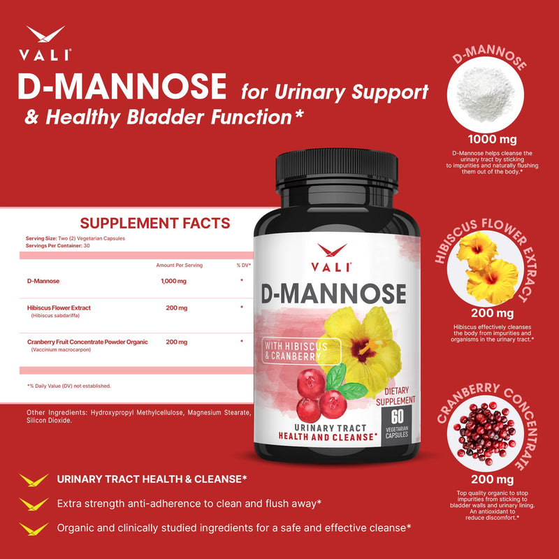 [Australia] - VALI D-Mannose 1000mg Urinary Tract Health Formula. Organic Cranberry Fruit Powder & Hibiscus. Healthy Bladder, Natural Cleanse, Fast Detox Flush, Herbal UT Function Support Pills. 60 Veggie Capsules 