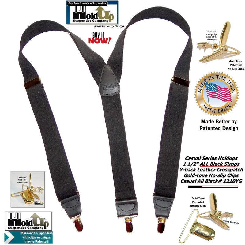 [Australia] - Holdup Casual Series All Black Casual Series Holdup Y-back Suspenders with Gold-tone No-slip Clips 