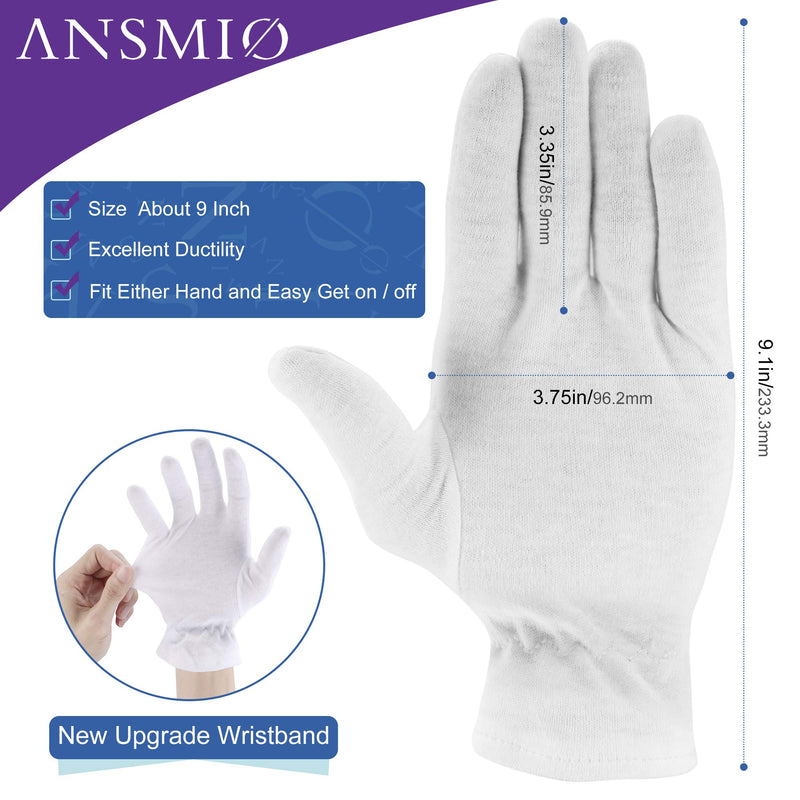 [Australia] - ANSMIO 3 Pairs White Gloves for Dry Hands with Wristband, Cotton Gloves for Eczema, Moisturizing Night Gloves, White Gloves 100% Cotton, Size 9 Inch (3 Pairs) 