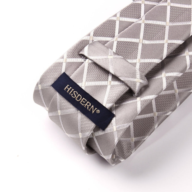 [Australia] - HISDERN Plaid Checkered Tie Handkerchief Woven Classic Men's Necktie & Pocket Square Set S-beige 8.5cm / 3.4 inches in Width 