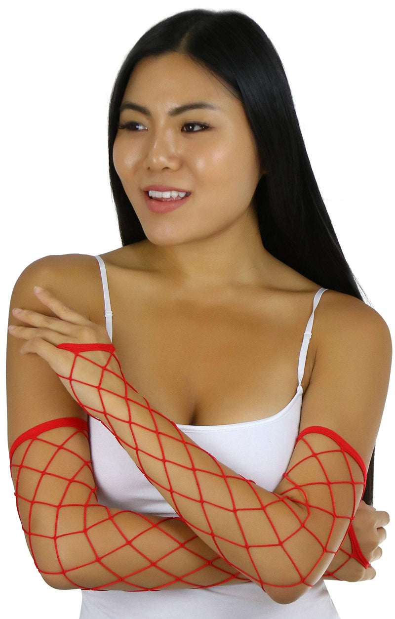 [Australia] - ToBeInStyle Women’s Big Diamond Net Fingerless Long Arm Warmers Rave Gloves One Size Regular Red 