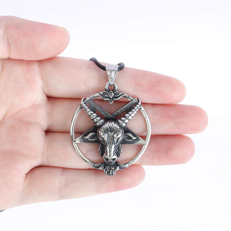 [Australia] - HAQUIL Baphomet Necklace - Stainless Steel, Inverted Pentagram Sabbatic Goat Pendant - PU Leather Cord, 19.7" 