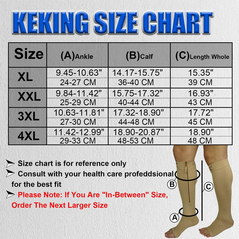 [Australia] - KEKING® Zipper Compression Socks for Men Women, Open Toe, 20-30mmHg Firm Support Knee High Zipper Compression Stockings for Wide Calf - Varicose Veins, DVT, Shin Splints, Edema, Nursing, Beige XXL XX-Large 