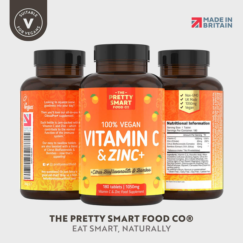 [Australia] - Powerful Vitamin C and Zinc Tablets - Vitamin C 1000mg with Zinc - 6 Month's Supply - Boosted with Citrus Bioflavonoids & Bamboo - For The Maintenance of a Normal Immune System - 180 Tablets - UK Made 