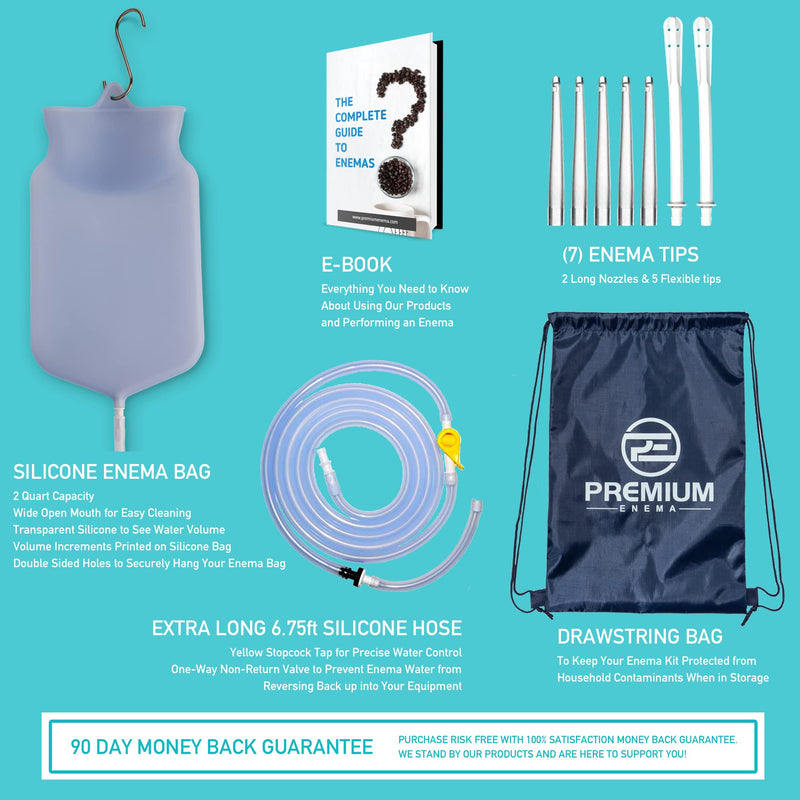 [Australia] - PE Clear Silicone Enema Bag Kit. Suitable for Coffee and Water Colon Cleansing. 2 Quart Capacity, 6.75 Foot Long Hose, 7 Tips. by Premium Enema 