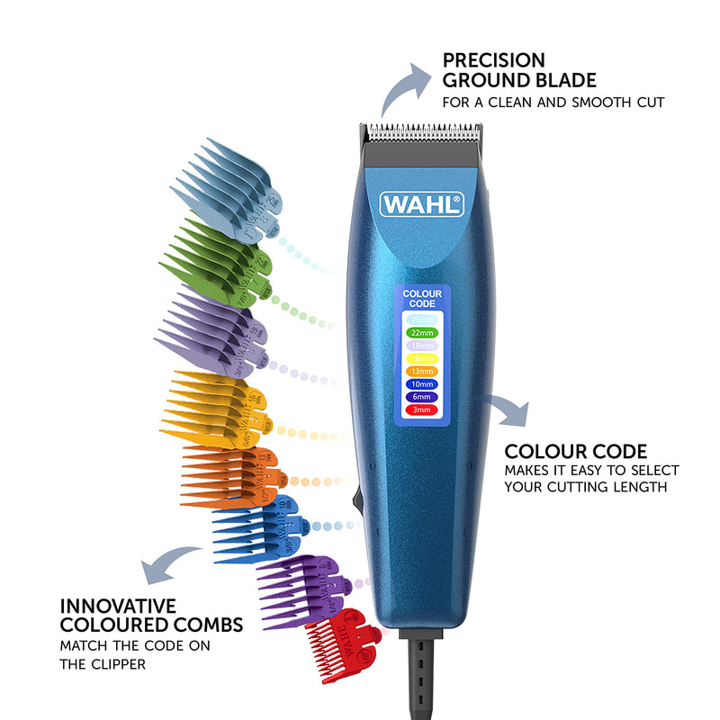 [Australia] - Wahl Colour Pro Corded Clipper, Hair Clippers for Men , Head Shaver, Men's Hair Clippers, Colour Coded Clipper Guides, Corded, Family at Home Haircutting Blue Corded single 