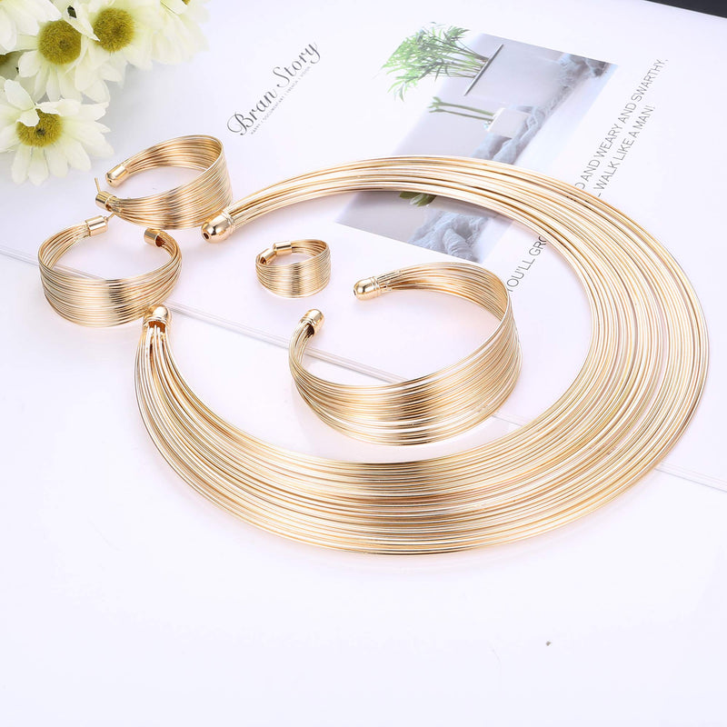 [Australia] - ORAZIO Bib Choker Statement Necklaces for Women Cuff Bracelet Open Hoop Stud Earrings Ring African Chunky Costume Jewelry Set A:Gold Tone 
