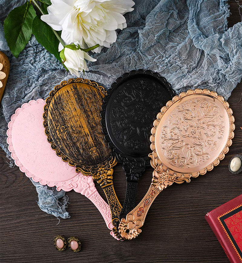 [Australia] - AKOAK 1 Pack Creative Retro Pattern Handle Makeup Mirror Portable Carry-on Lace Mirror Hand-held Mirror Makeup Tool (Rose Gold) Rose Gold 