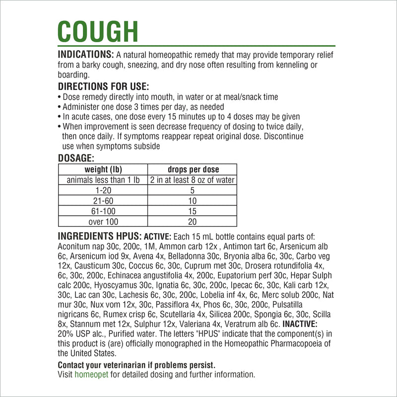 [Australia] - HomeoPet COUGH - 100% Natural Pet Medicine. For barky cough, persistent coughs, kennel cough, sneezing and dry nose. For puppies, kittens, young animals & senior pets. 15ml/up to 90 doses per bottle 
