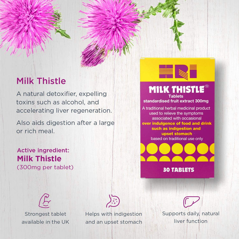 [Australia] - HRI Milk Thistle Tablets. 300 Milligrams. Highest Approved Dose of Milk Thistle on The UK Market. to Relieve Symptoms of Overindulgence of Food and Drink, Indigestion, Upset Stomach. 30 Tablets 30 Count (Pack of 1) 