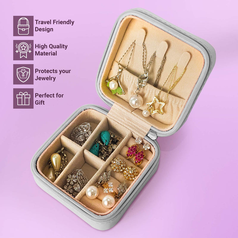 [Australia] - Mini Faux Leather Travel Jewelry Case ~ Travel Jewelry Organizer ~ Portable Storage Case for Necklaces, Earrings, Rings, Bracelets ~ Jewelry Display & Storage Box For Girls & Women (Ash Grey) Ash Grey 