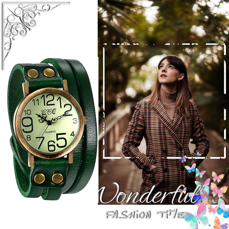 [Australia] - JewelryWe Vintage Leather Bracelet Watch Men Women Wristwatch Ladies Dress Quartz Watches (Green) 
