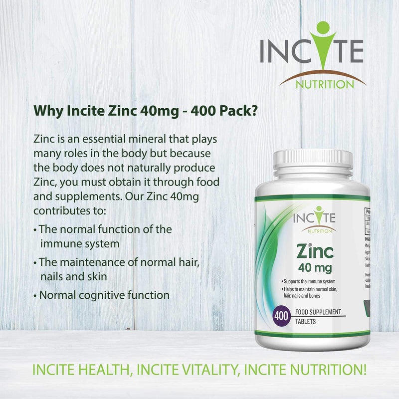 [Australia] - Zinc 40mg | 400 Premium Zinc Tablets Over 12 Month�s Supply | Maximum Strength Quality Pure Zinc Tablet | Suitable for Vegetarian & Vegans | Made in The UK by Incite Nutrition� 