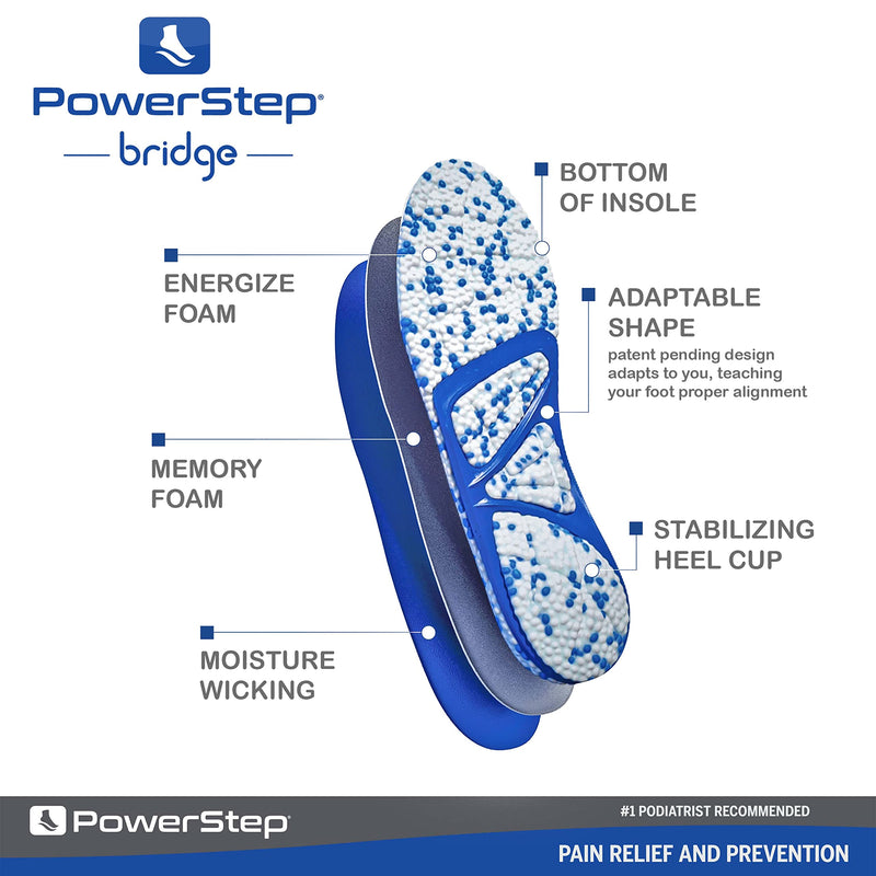[Australia] - Powerstep Bridge Adaptable Arch Support Insoles, Comfort Memory Foam Inserts, Plantar Fasciitis Relief Men 8-9.5, Women 9-10.5 Blue & White 