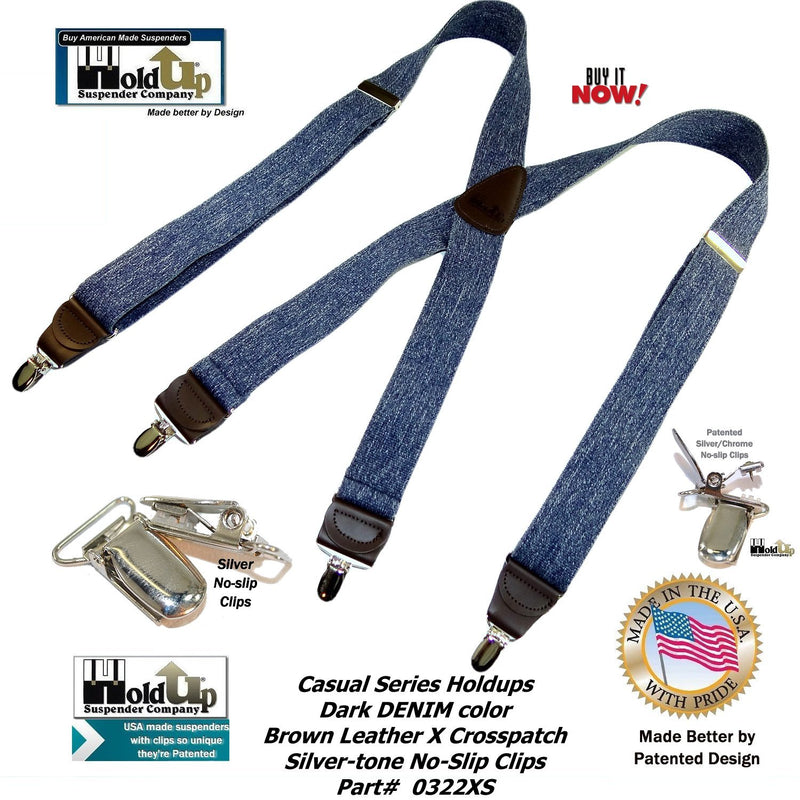 [Australia] - HoldUp Brand Dark Blue Denim X-back Suspenders with patented No-slip Nickel plated Clips 