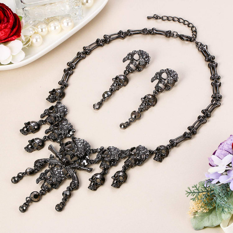 [Australia] - EVER FAITH Austrian Crystal Vintage Style Skull Pirate Necklace Earrings Set Black Black-Tone 