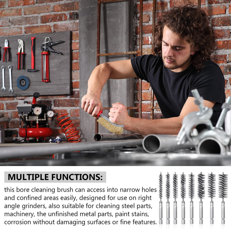 [Australia] - 8 Pieces Wire Brush Drill Bore Cleaning Brush Set with 1/4 Inch Hex Shank Stainless Steel Wire Twisted Brush for Drill Impact Driver, 8 Sizes Silver 