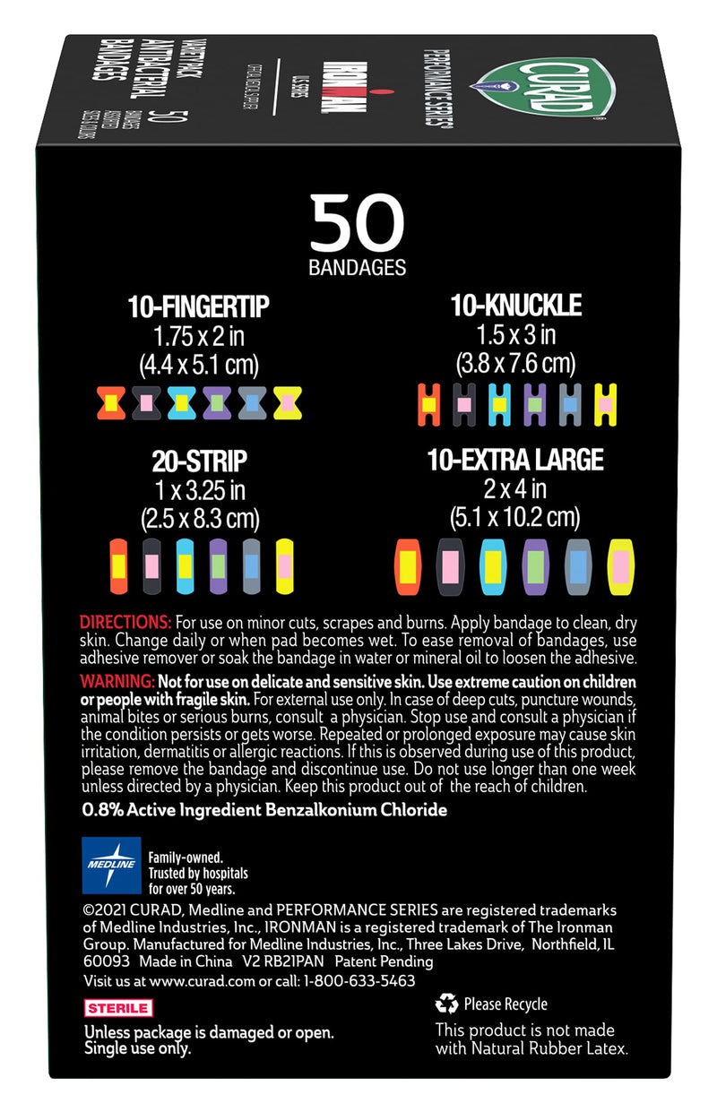 [Australia] - Curad Performance Series Ironman Antibacterial Bandages, Extreme Hold Adhesive Technology, Assorted Variety Pack Includes Standard, XL, Finger & Knuckle Fabric Bandages, 50 Count 