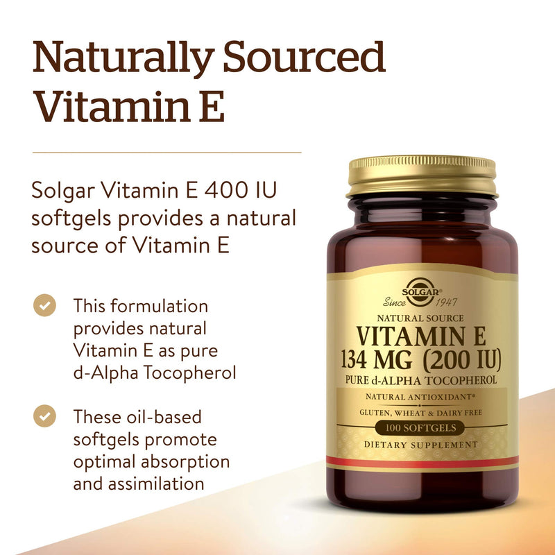 [Australia] - Solgar Vitamin E 200 IU Alpha, 100 Softgels - Antioxidant, Healthy Aging, Healthy Skin, Immune System Support - Natural Source Vitamin E - Gluten Free, Dairy Free - 100 Servings 