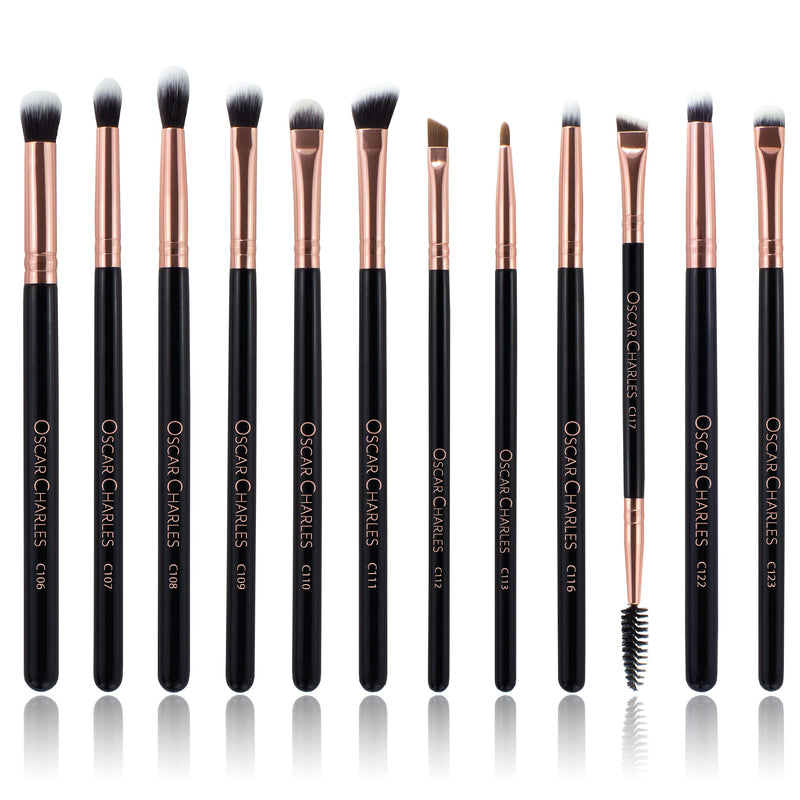 [Australia] - Oscar Charles 12 Piece Luxe Professional Eye Makeup Brush Set Including a Luxury Cosmetic Clutch Bag - Rose Gold 
