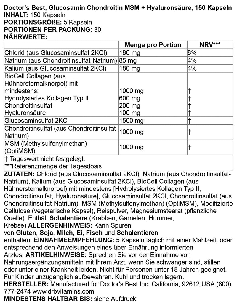 [Australia] - Doctor's Best Glucosamine Chondroitin MSM + Hyaluronic Acid with OptiMSM Featuring Biocell Collagen, Joint Support, Non-GMO, Gluten Free, Soy Free, 150 Caps 