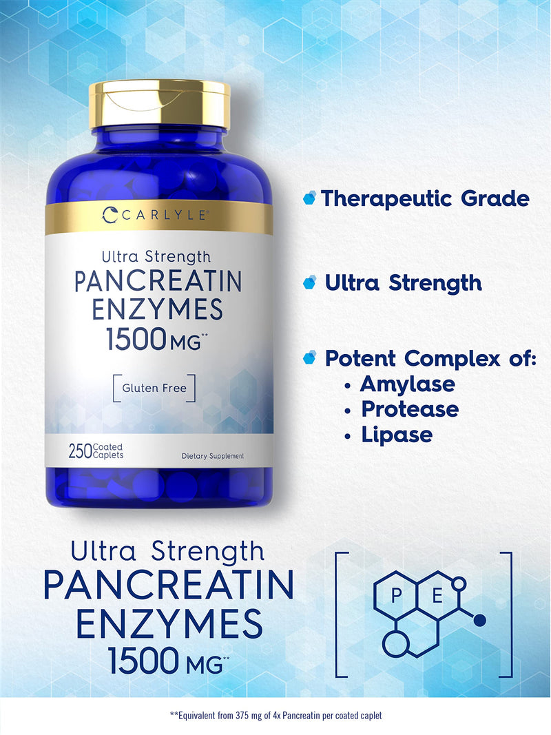 [Australia] - Pancreatin Digestive Enzymes | 1500mg | 250 Caplets | Non-GMO, Gluten Free | High Potency Formula | by Carlyle 