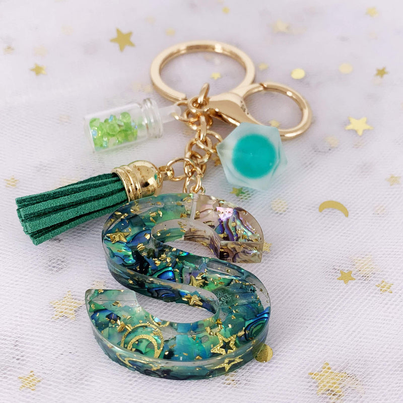 [Australia] - SELOVO Initial Keychain Ball Tassel Charm Capital Letter Alphabet Green Keyring S 