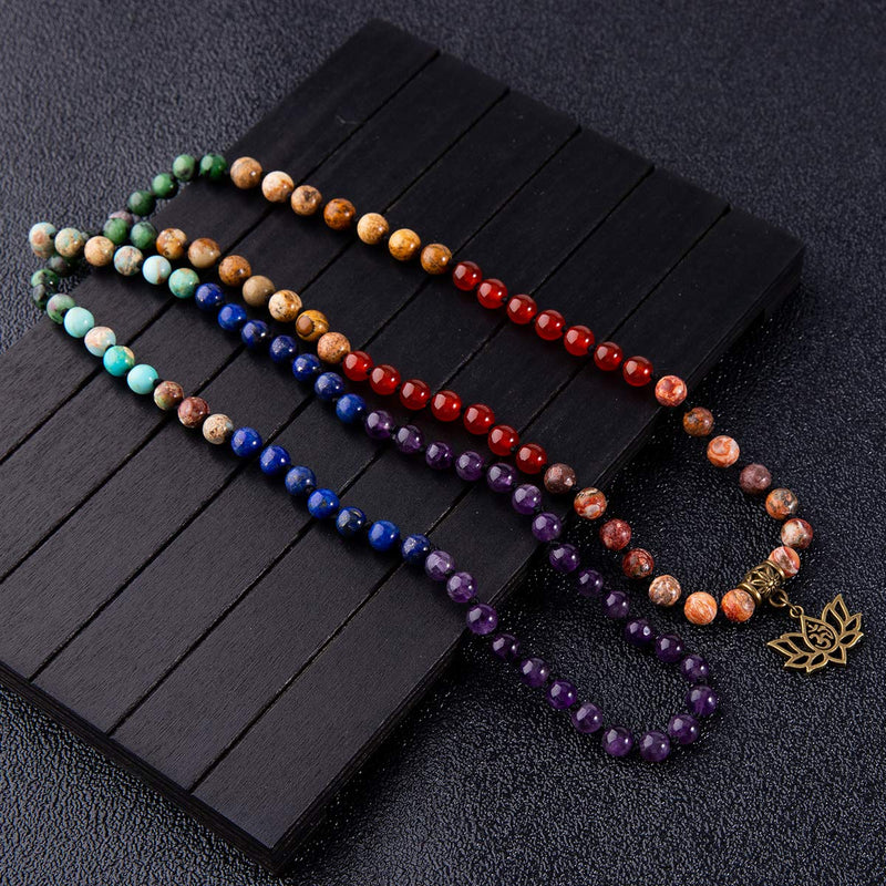 [Australia] - Farfume 7 Chakra 108 Mala Beads Bracelet Real Healing Gemstone Yoga Meditation Hand Knotted Mala Prayer Bead Necklace … Lotus OM-6mm Beads 