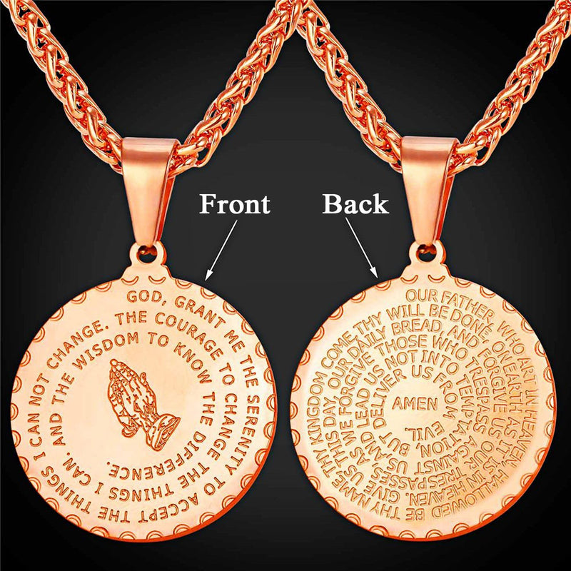 [Australia] - Bible Verse Prayer Necklace Free Chain Christian Jewelry Stainless Steel Praying Hands Coin Medal Pendant Rose Gold 