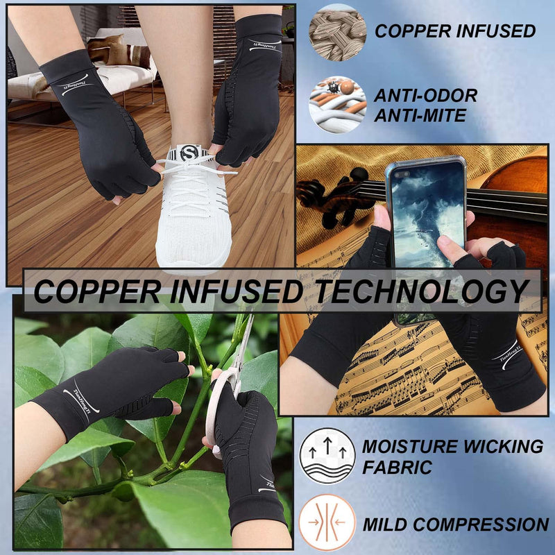 [Australia] - 2 Pairs Arthritis Gloves for Women and Men, Copper Infused Compression Gloves, Fingerless Hand Gloves for Carpal Tunnel, RSI Osteoarthritis, Joint Pain,Computer Typing, Hand Support (Black, Large) Black Large (Pack of 4) 