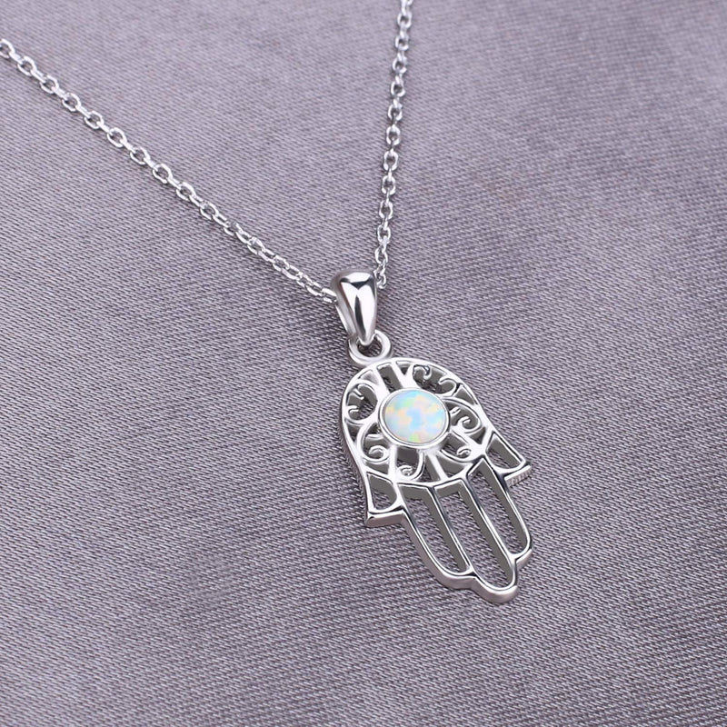 [Australia] - KELITCH Hamsa Hand Necklace with Created Opal Pendant Amulet Fatima Jewelry, 18'' White Hamsa 