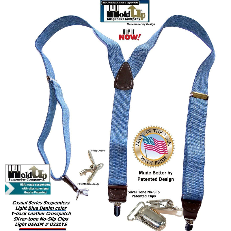 [Australia] - Holdup brand USA made Light Blue Denim Y-back Suspenders with Silver-tone No-slip Clips 