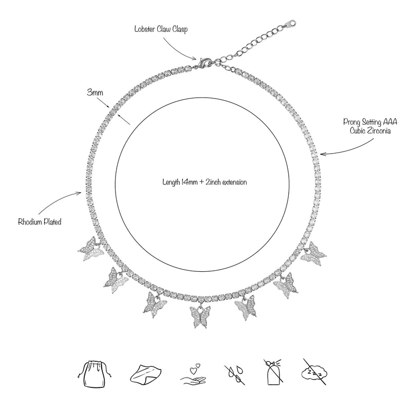 [Australia] - LAVLA Dainty Butterfly Choker Necklace - Gold/Rose Gold/Silver Plated 3mm Bling Iced Out Cubic Zirconia Tennis Chain With Butterfly Charm/Square CZ 14inch+2inch Silver/Butterfly 