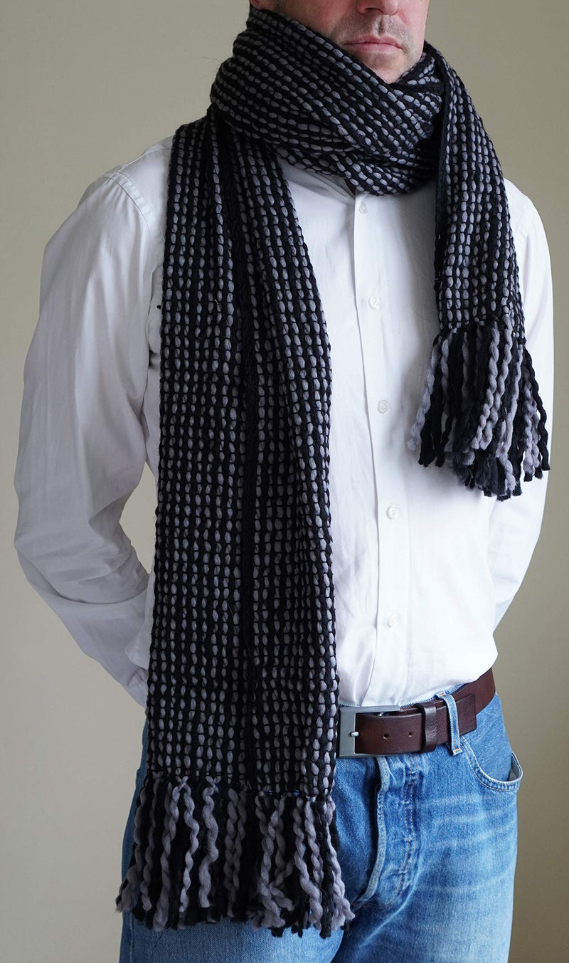 [Australia] - Tumia LAC - Striped Thick, Extra Long Luxurious Scarf - Handmade and Very Warm - Unisex 8 Foot Black and Grey 