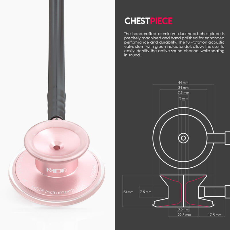 [Australia] - MDF Acoustica Lightweight Stethoscope, Adult, Dual Head, Free-Parts-for-Life, Black Tube, Rosegold (Matte Finish) Chestpiece-Headset, MDF747XPRG11 RoseGold (Matte) - Black 