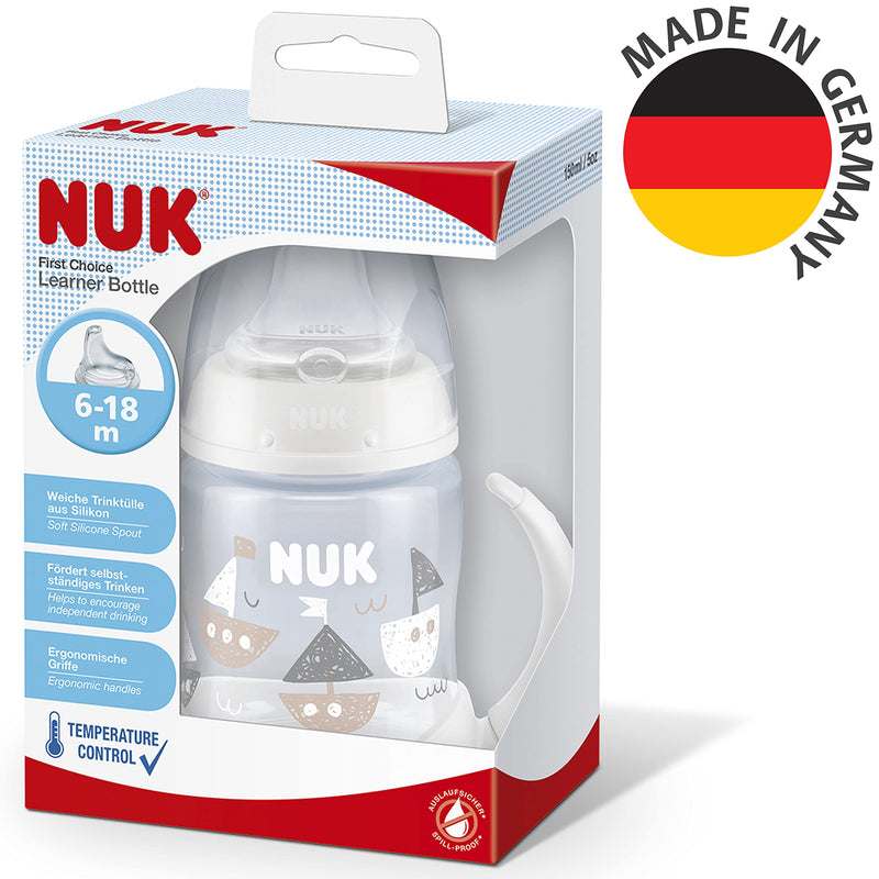 [Australia] - NUK First Choice Learner Cup Sippy Cup | 6-18 Months | Leak-Proof Silicone Spout | Anti-Colic Vent | BPA-Free | 150ml White (Boats) Temperature Control 