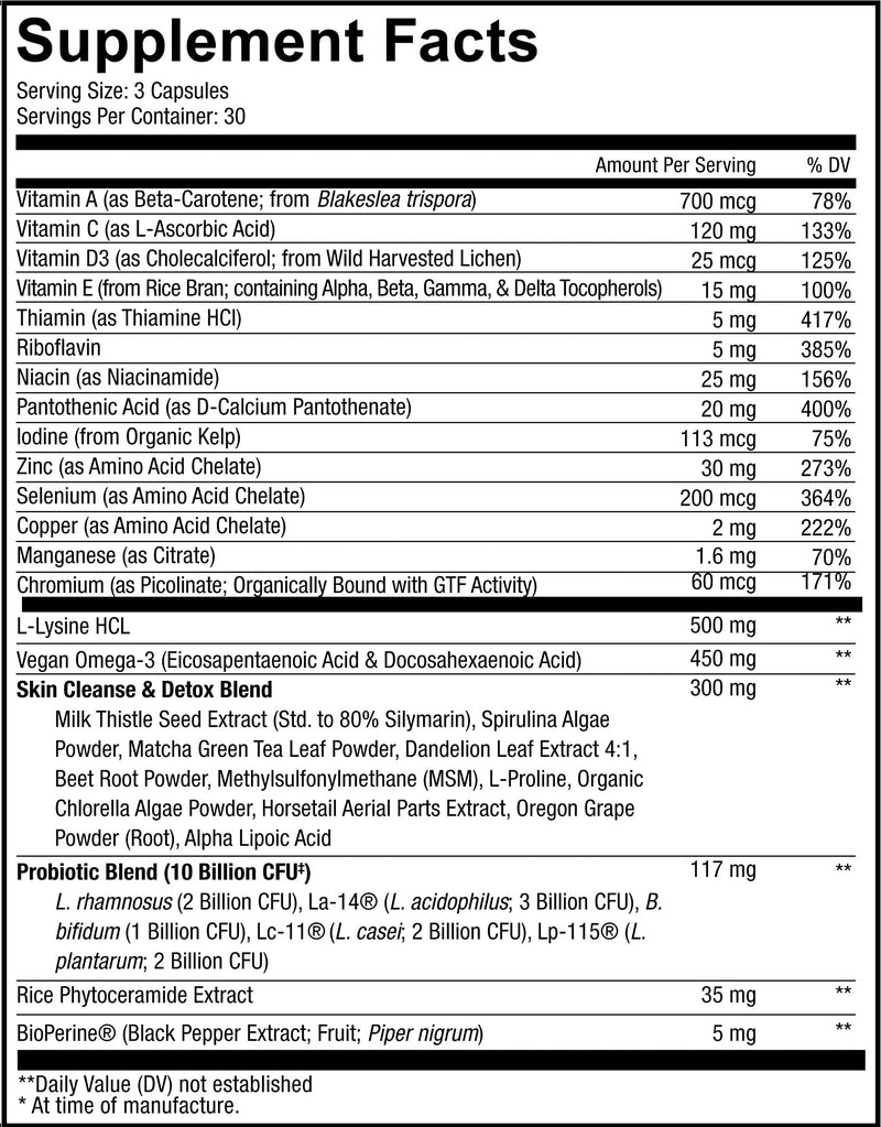 [Australia] - Codeage Clearface Pantothenic Acid, Niacin Supplement, Vitamins A, C, D3, E, Probiotics, Zinc, Riboflavin, Thiamin, L-Lysine HCL & Omega-3, Niacinamide, Skin Botanical Blend - Non-GMO - 90 Capsules White 