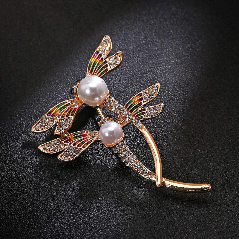 [Australia] - AILUOR Elegant Dragonfly Brooch Pins, Gold Tone Austrian Crystal Colorful Enamel Double Dragonfly Simulated Pearl Rhinestone Brooch Jewelry 