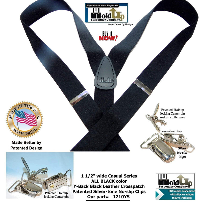 [Australia] - Holdup Suspender Company USA made All Black Casual Series Y-back Suspenders with Patented Silver-tone No-Slip clips 