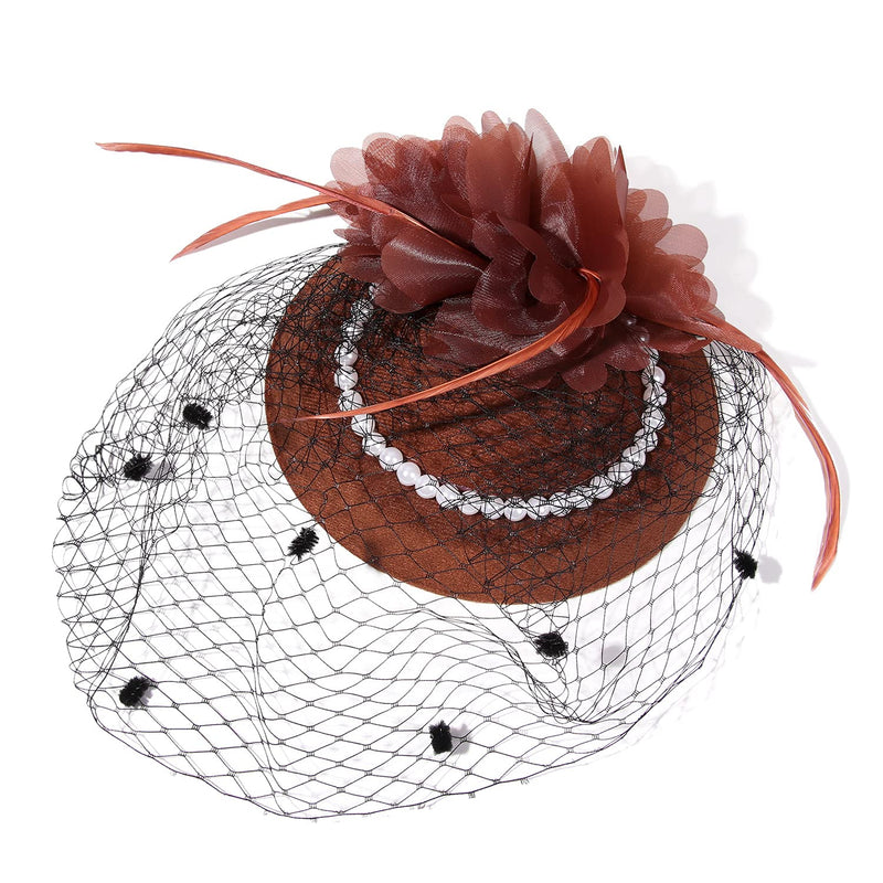 [Australia] - Fascinators Hat for Women,Women's Tea Party Derby Hats,Pillbox Cocktail Mesh Feather Wedding 20s 50s Hat Headwear with Veil Pearl Hair Clip Hairpin Brown 