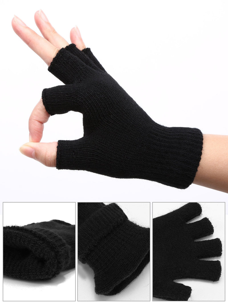 [Australia] - Satinior 2 Pair Unisex Half Finger Gloves Winter Stretchy Knit Fingerless Gloves in Common Size Black 