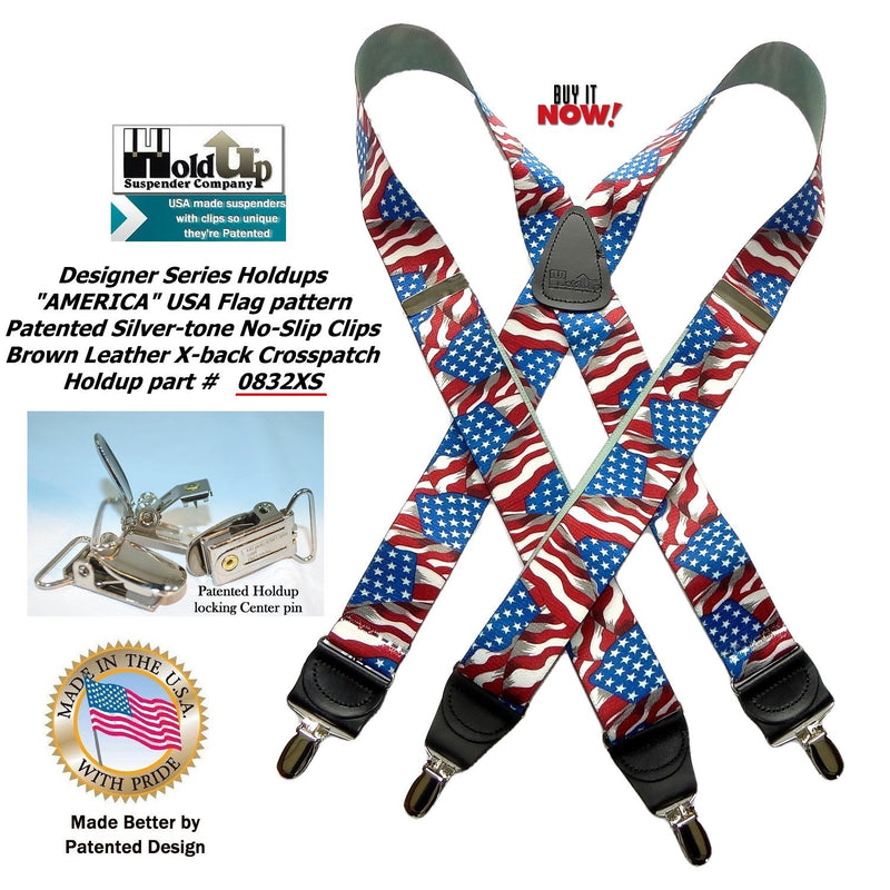 [Australia] - Holdup USA Flag Pattern Designer series X-back suspenders in 1 1/2" width and patented No-slip Silver-tone Clips 