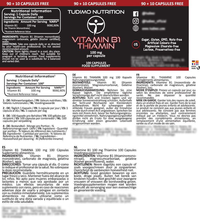 [Australia] - Thiamine Vitamin B1 100mg Capsules - 100 pcs (3+ Month Supply) of Rapidly Disintegrating Capsules, Each with 100 mg of Premium Quality VIT B1 Thiamin Mononitrate Powder 