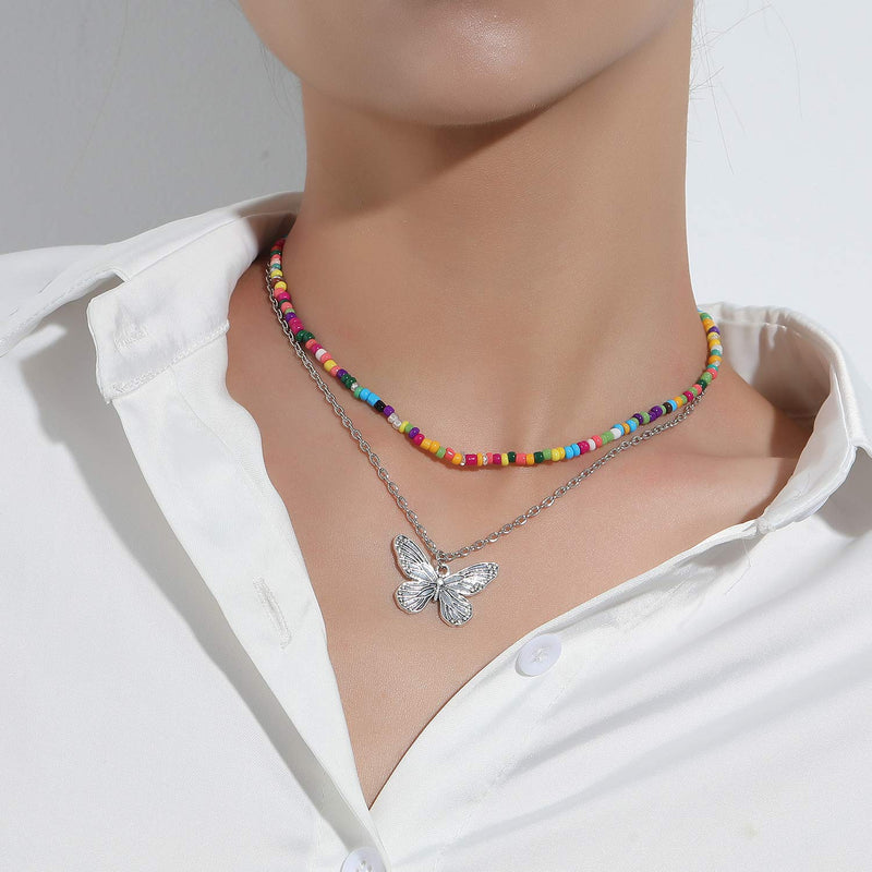 [Australia] - COLORFUL BLING Rainbow Choker Love Butterfly Necklace Rainbow Seed Bead Necklace Cute Necklace Beaded Necklace Beach Necklace for Women Girls 2 Layer 1 butterfly 