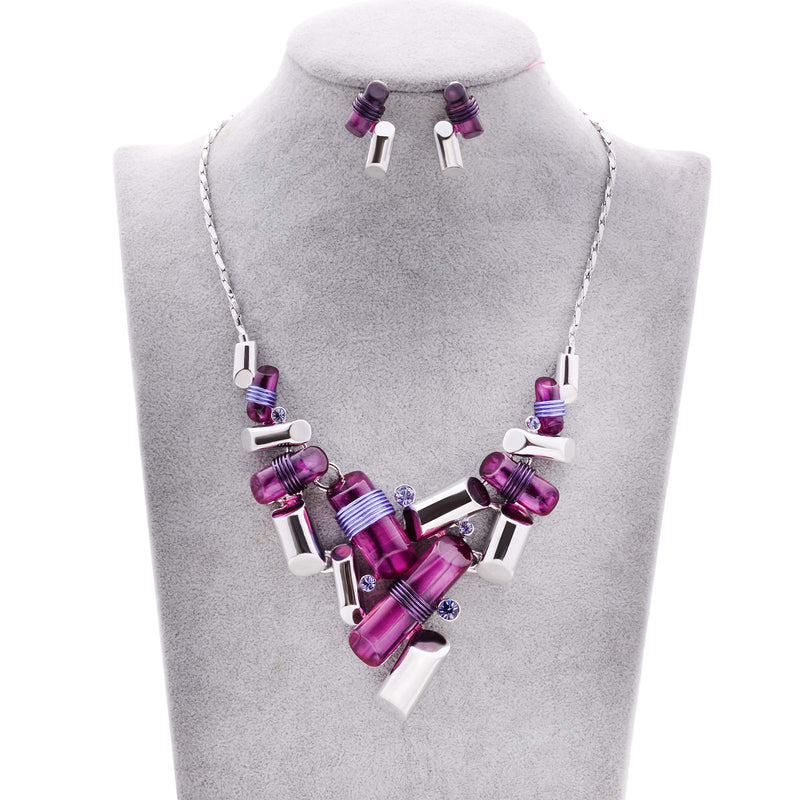 [Australia] - Fenni Women's Colored Geometric Cylindrical Statement Bib Collar Chunky Choker Necklace and Earrings Jewelry Set Purple 